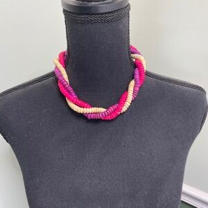 80s Boho Necklace Beaded Wood Twisted Strand‎ Pink Purple Beige Colorful Bold